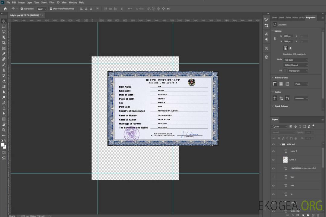 Modèle PSD d'acte de naissance d'acte d'état civil en Autriche, template Modèle PSD d'acte de naissance d'acte d'état civil en Autriche, template